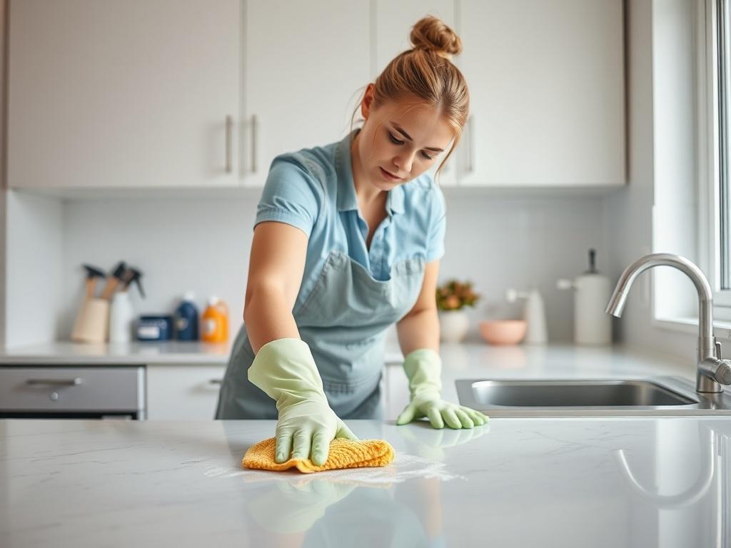 A professional cleaner in action, focused on scrubbing a kitchen countertop in a bright and airy kitchen setting. The scene captures the cleaner with gloves, a cleaning cloth, and various cleaning supplies around. The background features clean cabinets and a sparkling sink, emphasizing the fresh and spotless environment. The composition should be simple and clear, highlighting the cleaning process with a realistic high-resolution shot.
