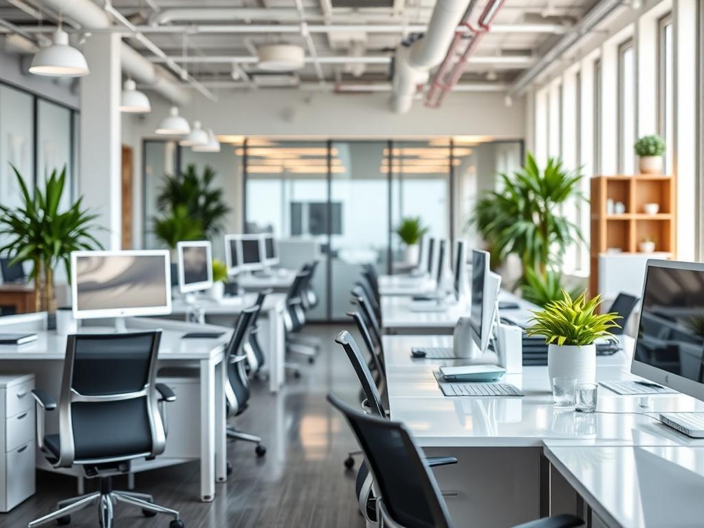 A high-resolution shot of a gleaming office space with clean desks, organized workstations, and bright lighting. The background features modern office decor and greenery, emphasizing a professional and inviting atmosphere.
