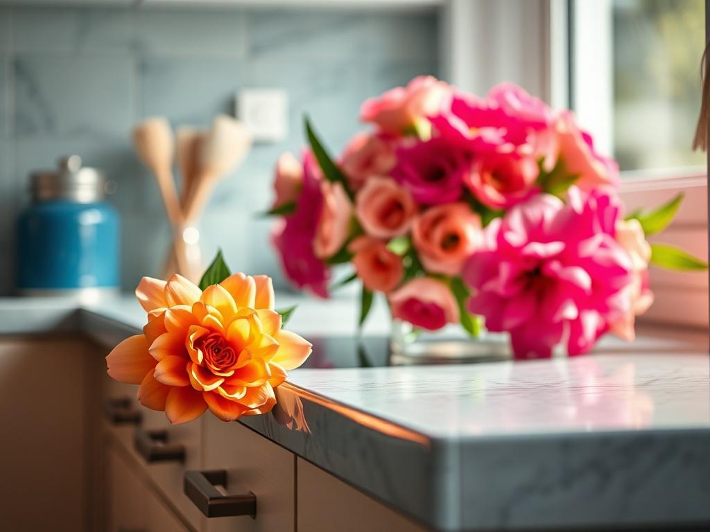 A close-up shot of a sparkling clean kitchen countertop with a fresh bouquet of flowers in the background. The countertop should reflect a pristine and organized space, highlighting the effectiveness of a professional cleaning service. Use natural lighting to enhance the freshness and cleanliness of the scene, and ensure the colors are vibrant yet realistic.