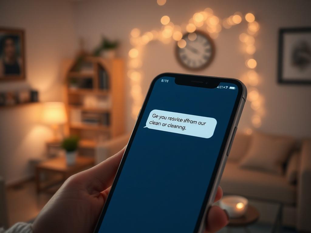 A close-up of a smartphone displaying a message notification, indicating a quick response from a cleaning service. The background shows a cozy home setting, highlighting warmth and efficiency. The focus is on the phone screen and the notification, symbolizing quick communication and prompt service.