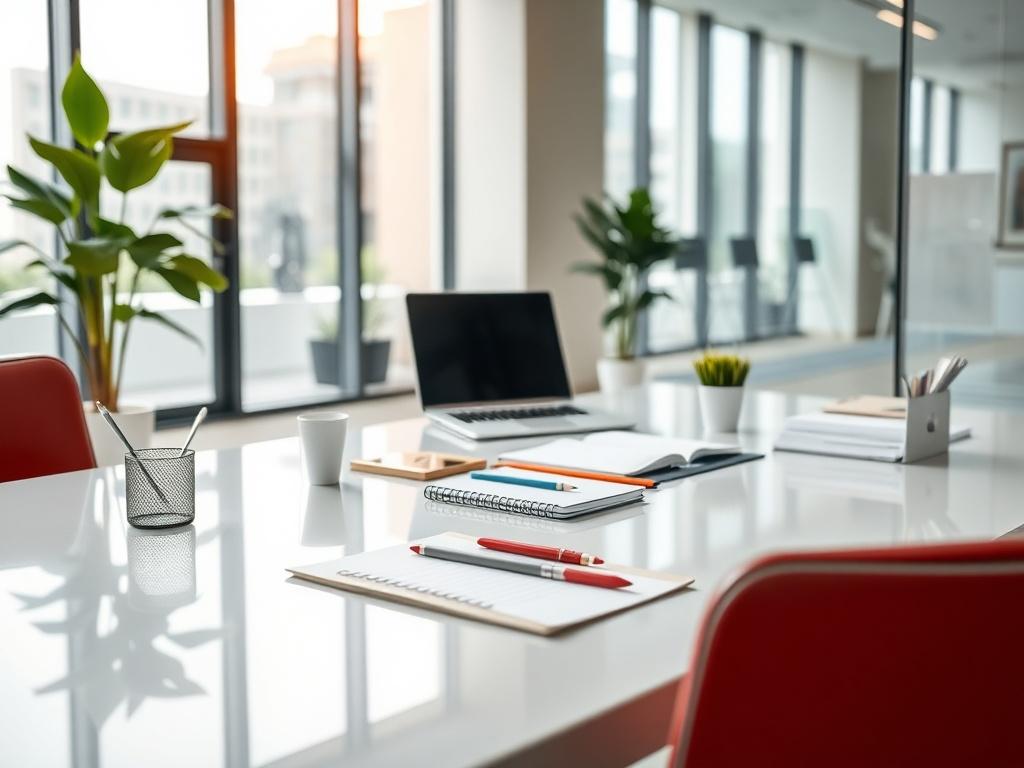 A hyper-realistic close-up shot of a pristine office space, showcasing a clean desk with neatly arranged stationery, a laptop, and an indoor plant. The background should reveal polished floors and gleaming windows, emphasizing a professional atmosphere, all captured with a 45mm f/1.2 lens.