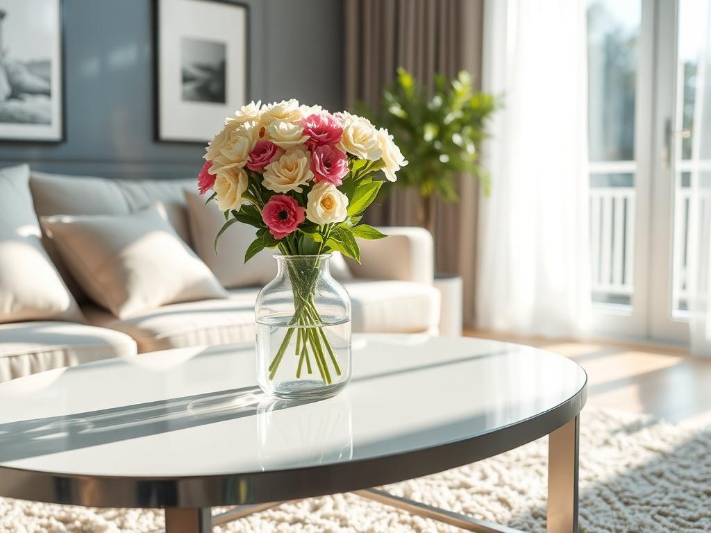 A hyper-realistic close-up shot of a clean living room with sunlight streaming through the window, highlighting freshly cleaned surfaces and a cozy atmosphere. The image should focus on a sparkling coffee table with a vase of fresh flowers, soft cushions on a couch, and a clean rug, all shot with a 45mm f/1.2 lens.