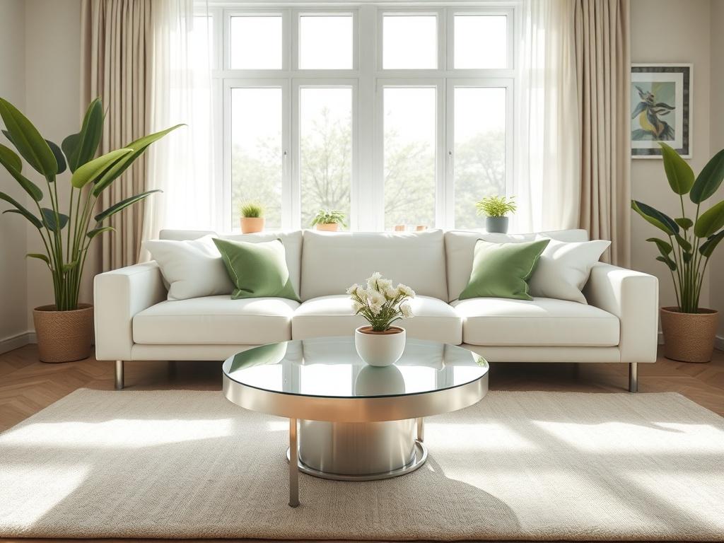A realistic high-resolution photo of a sparkling clean living room with a focus on a pristine sofa and polished coffee table, shot in a well-lit setting with natural light streaming through the windows. The color scheme should include vibrant greens and soft whites, creating an inviting atmosphere.