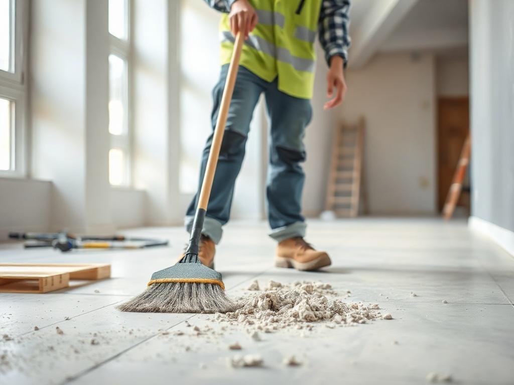 A close-up shot of a construction worker in a clean, newly built residential space, standing with a broom and dustpan, actively sweeping up construction dust and debris. The background shows pristine walls and clean floors, emphasizing the transformation from a messy job site to a ready-to-occupy space. The lighting is bright and inviting, showcasing the details of the clean surfaces and making the worker stand out. The image reflects professionalism and thoroughness in construction cleaning.