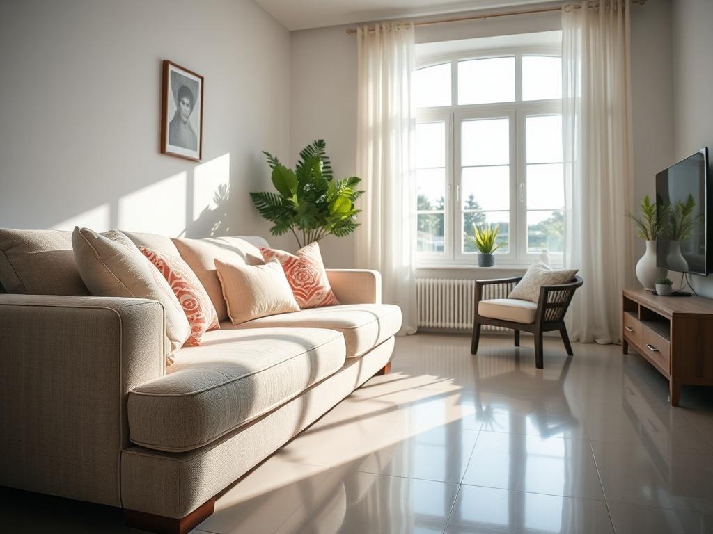 A close-up shot of a beautifully cleaned living room with a cozy sofa and neatly arranged cushions, bright sunlight streaming through clean windows, and a polished floor, shot with a 45mm f/1.2 lens style.