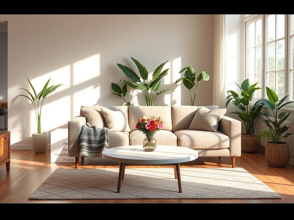 **AI Image Generation Prompt:**

Create a realistic high-resolution image that captures the essence of a clean and inviting home interior, perfectly suited for a blog titled "The Importance of Residential Cleaning." 

**Composition Details:**
- Focus on a single subject: a well-kept living room showcasing a cozy seating area, emphasizing cleanliness and organization.
- Include a plush sofa adorned with neatly arranged cushions and a soft throw blanket.
- Position a stylish coffee table in front of the sofa,
