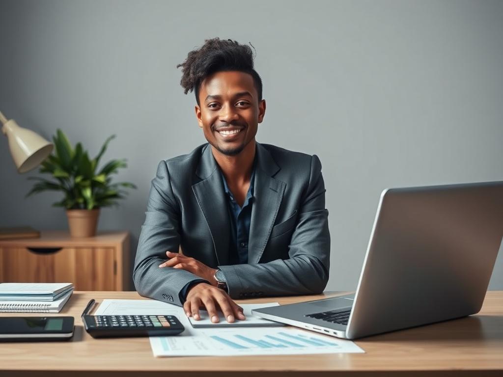 **AI Image Generation Prompt:**

Create a realistic high-resolution photo that embodies the theme of "What KRD Accounting Fixes That Others Don’t." The image should focus on a confident and approachable accountant seated at a desk, which symbolizes professional expertise and personal engagement. 

**Composition:**
- The accountant should be the sole subject, centrally placed, directly engaging with the viewer through eye contact. 
- The desk should be simple yet organized, featuring essential accounting too