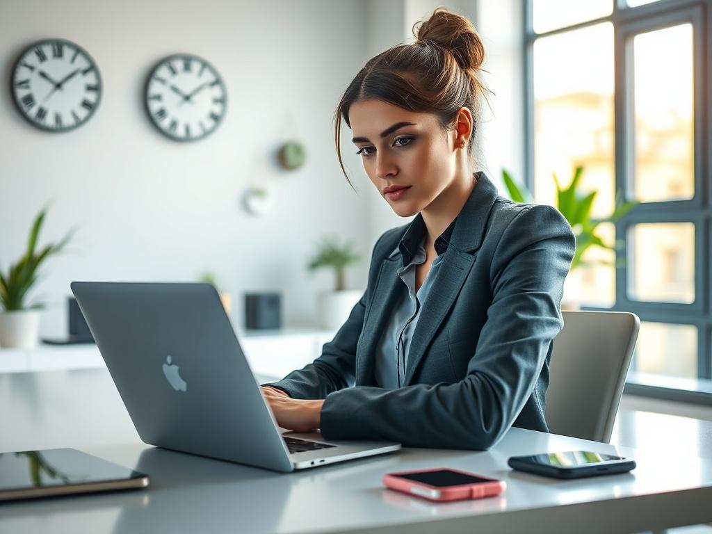 Create a realistic high-resolution photo featuring a focused close-up shot of a business professional, a young woman in her early 30s, sitting at a sleek, modern desk in an office setting. She displays a look of determination and concentration as she works on a laptop, surrounded by various contemporary tech tools like a tablet and smart phone, symbolizing efficient communication and scheduling. 

The subject should be dressed in business casual attire, with an emphasis on approachable professionalism. Behi