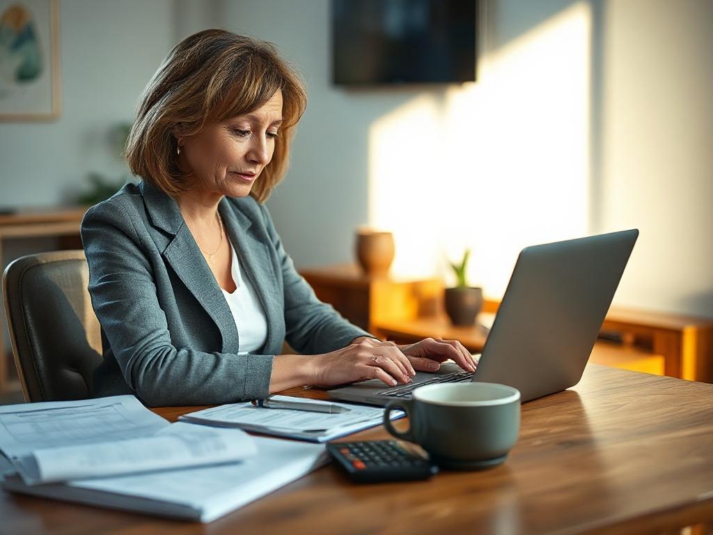 **Prompt for AI Image Generator:**

Create a realistic high-resolution photo that captures the essence of the blog titled "The Simple Month-End Steps That Save You Hours in April." The composition should be simple and clear, featuring a single subject: a focused business owner, a middle-aged woman, sitting at a neat wooden desk, intensely engaged in a month-end accounting task. She should be dressed in smart-casual attire, exuding an air of professionalism and diligence.

The subject's workspace should incl