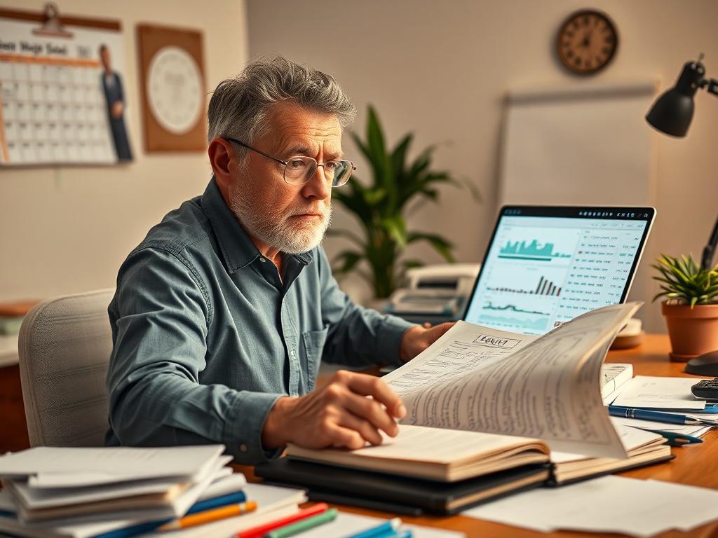 **AI Image Generation Prompt:**

Create a realistic high-resolution photo that captures the essence of confusion surrounding accounting clarity in small businesses. The image should feature a single, focused subject—a small business owner, a middle-aged person with a concerned expression, sitting at a desk cluttered with paperwork, a laptop displaying complex spreadsheets, and an open notebook filled with handwritten notes.

Compose the shot with the subject positioned slightly off-center to the left, allow