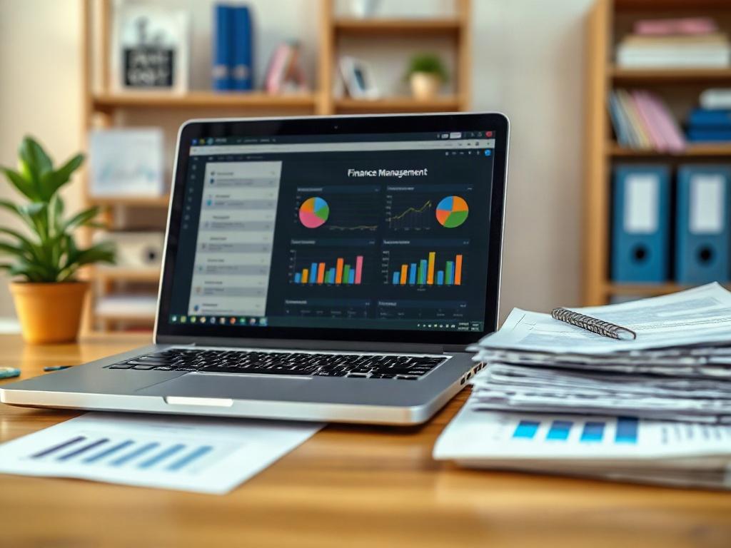 Create a realistic high-resolution image that captures the essence of bookkeeping services for small businesses. The composition should focus on a single subject: a neat, organized workspace featuring a laptop open to a finance management software screen. Surround the laptop with neatly stacked financial documents, including colorful charts and graphs that represent bookkeeping data. 

The background should include softly blurred elements like shelves filled with neatly arranged office supplies and a small 