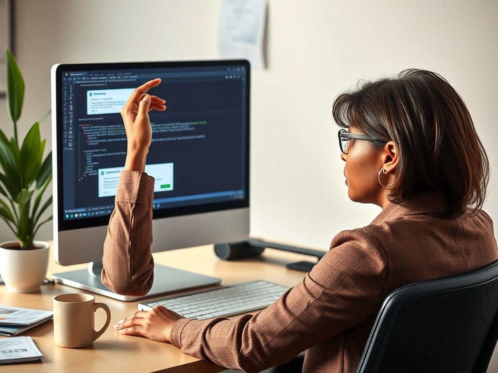 Create a realistic high-resolution photo that illustrates the theme of disconnection in workflow systems. The image should feature a single, focused subject: a frustrated professional, a mid-career African American woman, sitting at her desk in an office environment. She holds her head in one hand, looking at a computer screen displaying multiple software applications with overlapping windows and error messages indicating disconnection. The background should show a tidy office space, including a potted plan