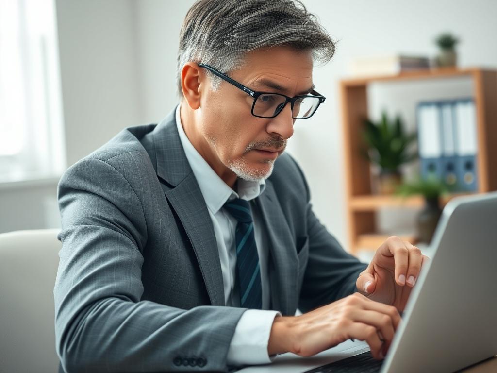 **AI Image Generation Prompt:**

Create a hyper-realistic, high-resolution close-up photograph that visually encapsulates the theme of business advisory services stepping in when profit margins shrink. The main subject of the image should be a professional-looking consultant, a middle-aged individual wearing business attire, thoughtfully analyzing financial data on a laptop. 

The consultant should have a focused expression, embodying a sense of determination and insight. The background should be a softly b