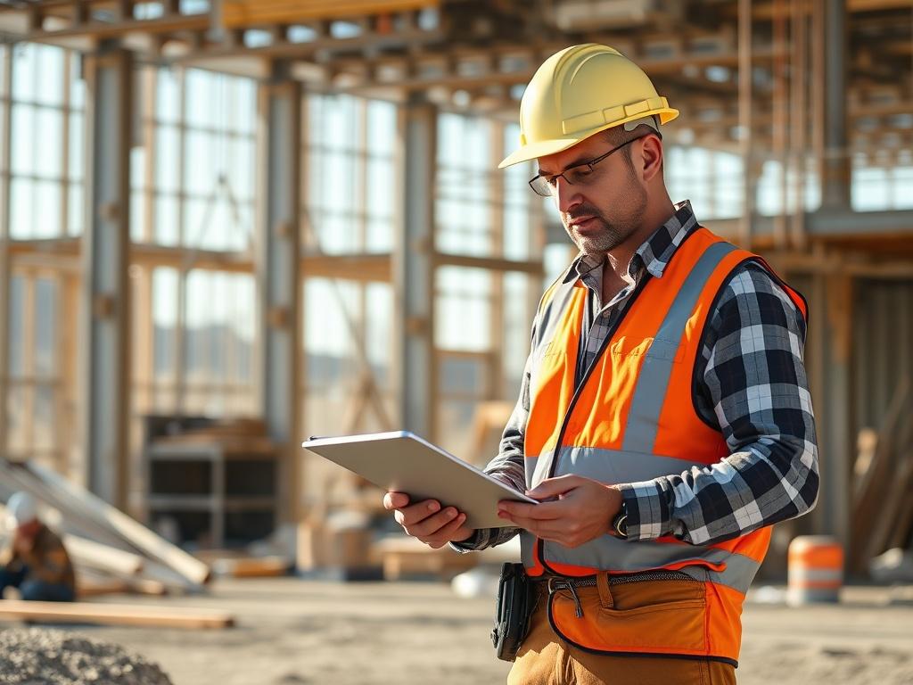 **AI Image Generation Prompt:**

Create a highly detailed, realistic high-resolution photo that conveys the theme of operational efficiency challenges faced by contractors in the Front Range, specifically related to job tracking. The image should feature a single subject—a professional contractor, male or female, wearing a hard hat and work attire, such as a safety vest and durable work pants. They should be in a construction setting, examining a clipboard or tablet with a look of concern or concentration, 