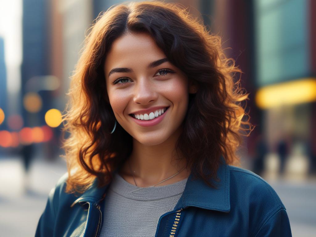 A vibrant young woman in stylish attire, smiling and exuding