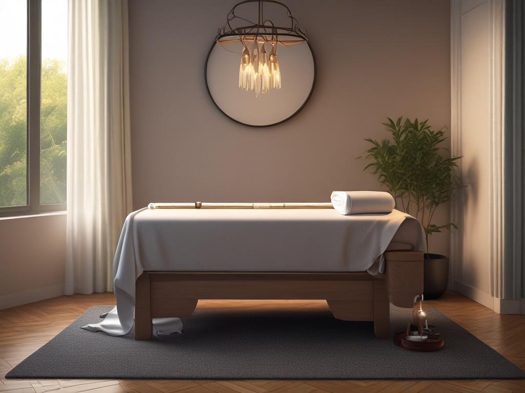 A serene setting featuring a luxurious massage table adorned with