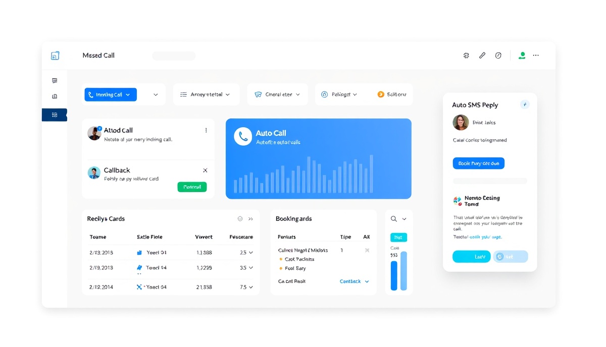 LeadCopilot platform dashboard showing missed-call auto-texting, callback queue, and booking management interface