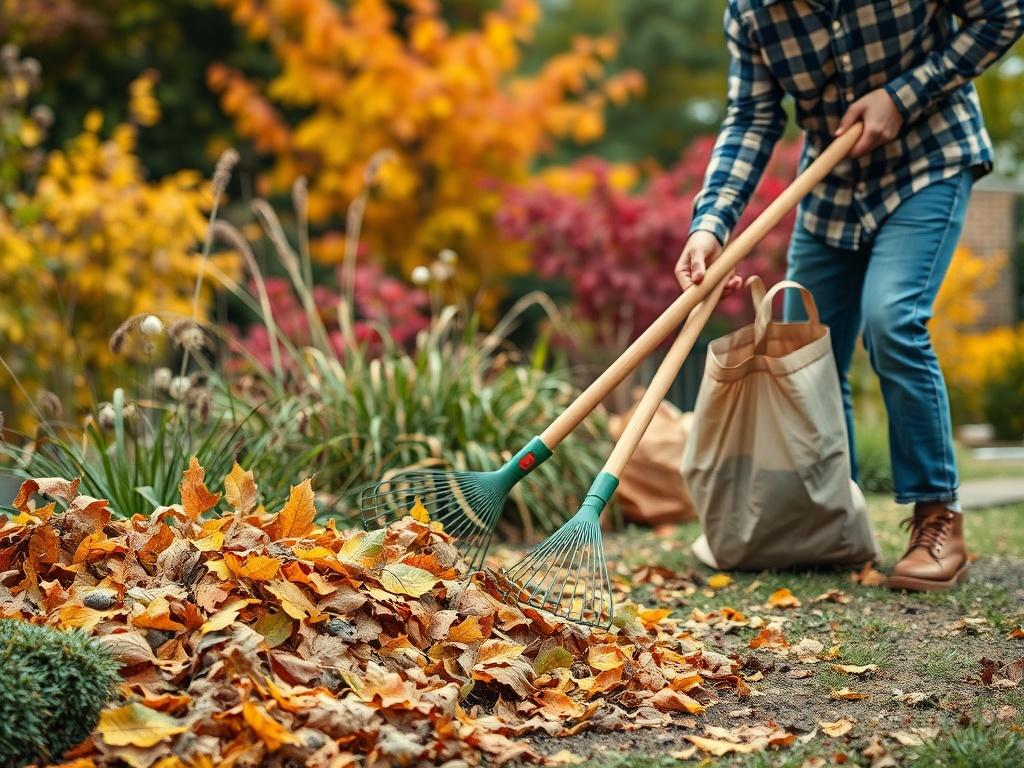 A vibrant garden scene during a seasonal cleanup, showcasing a