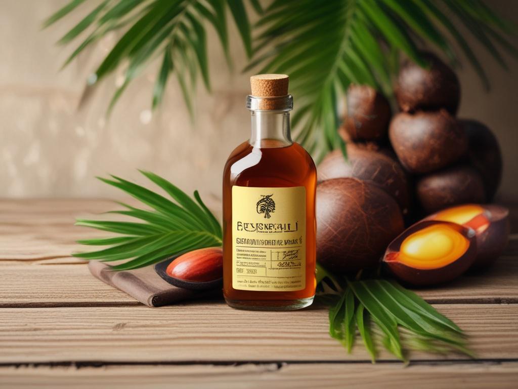A bottle of golden palm oil on a wooden table,