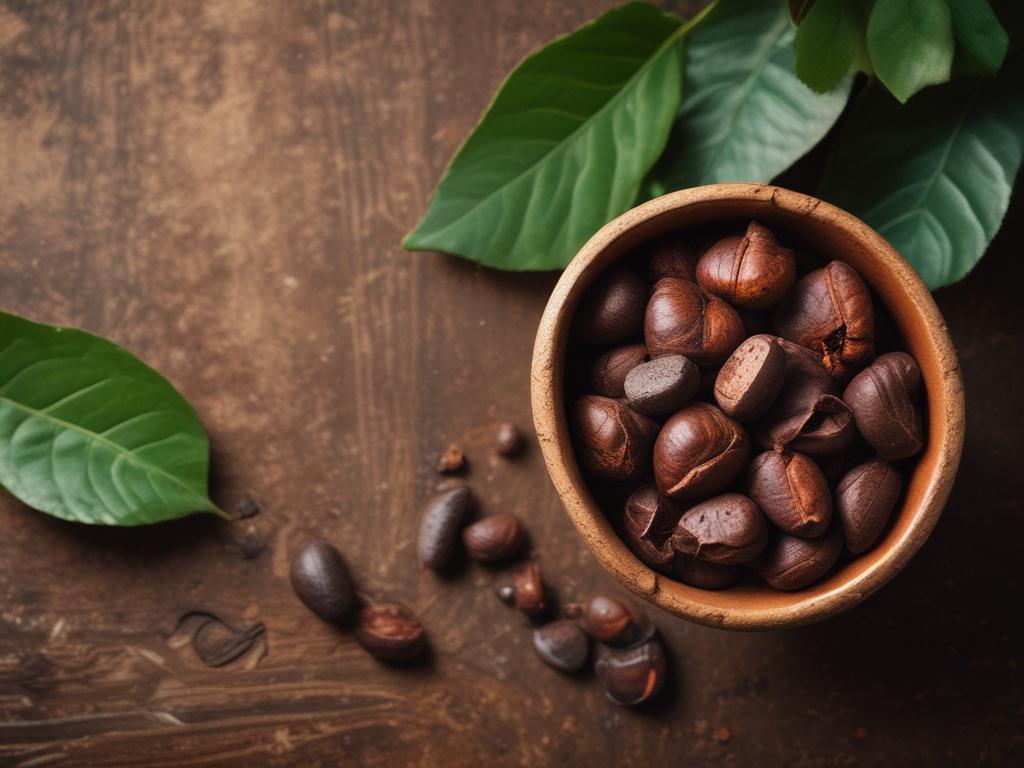 A close up of organic cocoa beans in a rustic