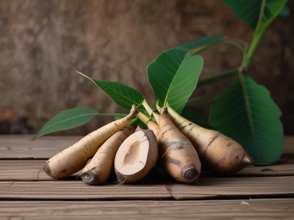 Fresh cassava roots on a rustic wooden surface, with earthy
