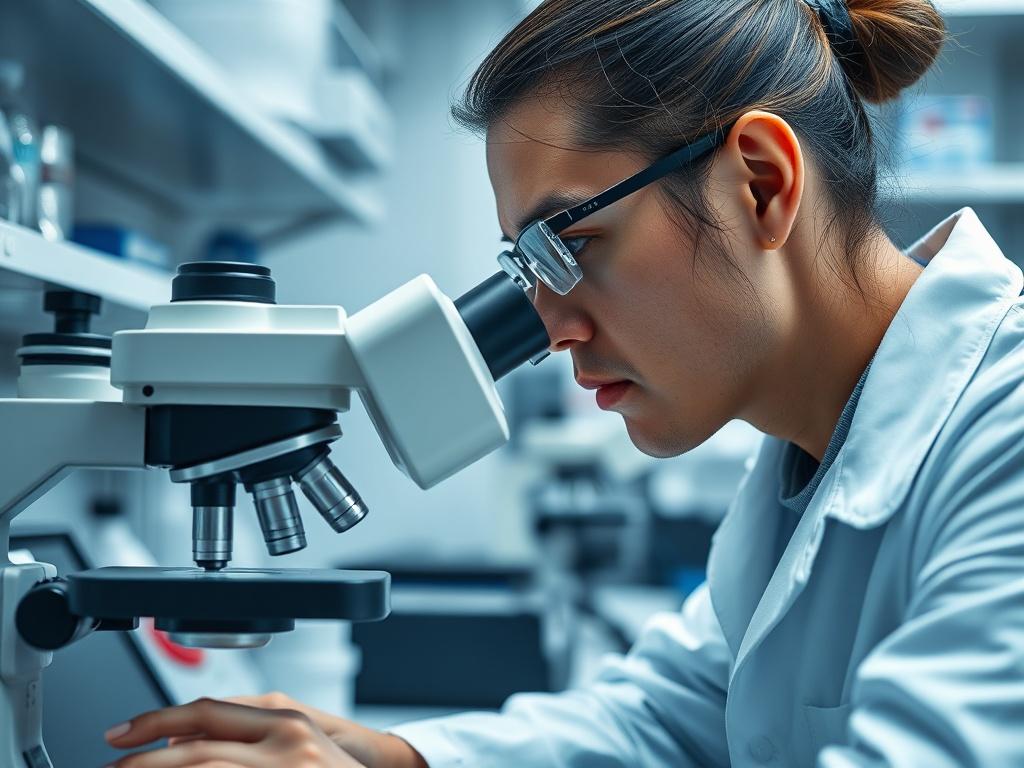 A realistic high-resolution close-up shot of a laboratory setting, showcasing a researcher in a lab coat, focused on examining a sample under a microscope. The environment is well-lit with a clean and sterile appearance, featuring lab equipment in the background. The researcher is engaged in their work, demonstrating determination and expertise, with the primary color rgb(29, 198, 181) subtly present in the lab decor.