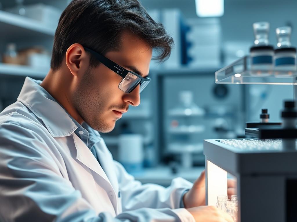 A close-up shot of a laboratory setting, showcasing a scientist in a lab coat working with a high-tech cell culture device. The scientist is focused on the device, with a backdrop of laboratory equipment and glassware. The image should have a hyper-realistic style, shot with a 45mm f/1.2 lens, emphasizing the scientist's concentration and the advanced technology in the foreground. The color scheme should incorporate the primary color rgb(29, 198, 181) subtly in the background.