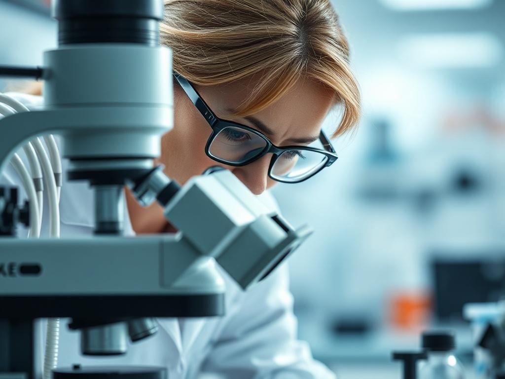 A close-up shot of a lab technician examining cancer cells under a microscope, showcasing a high-tech laboratory environment. The background should be blurred to emphasize the technician and the microscope, while the colors in the image should complement the rgb(29, 198, 181) primary color. The technician, a middle-aged woman with glasses, should be focused and engaged in her work.