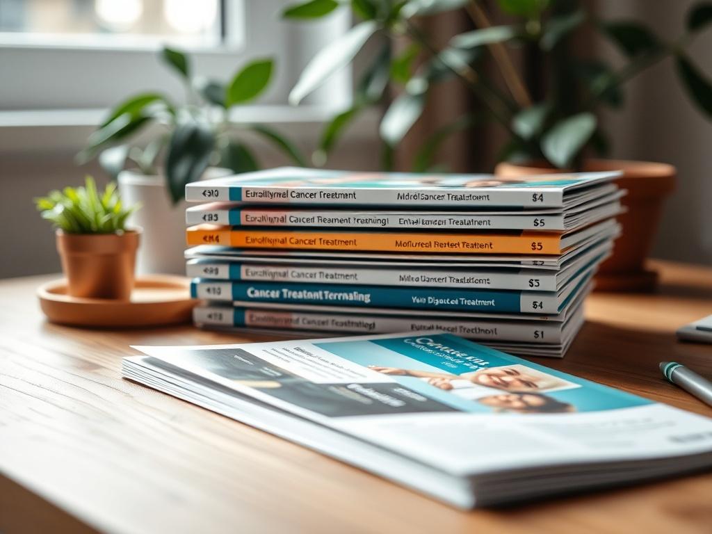 A visually engaging close-up shot of a stack of educational booklets about cancer treatments, set on a wooden desk with soft, natural lighting and a plant in the background, illustrating a nurturing and informative environment.