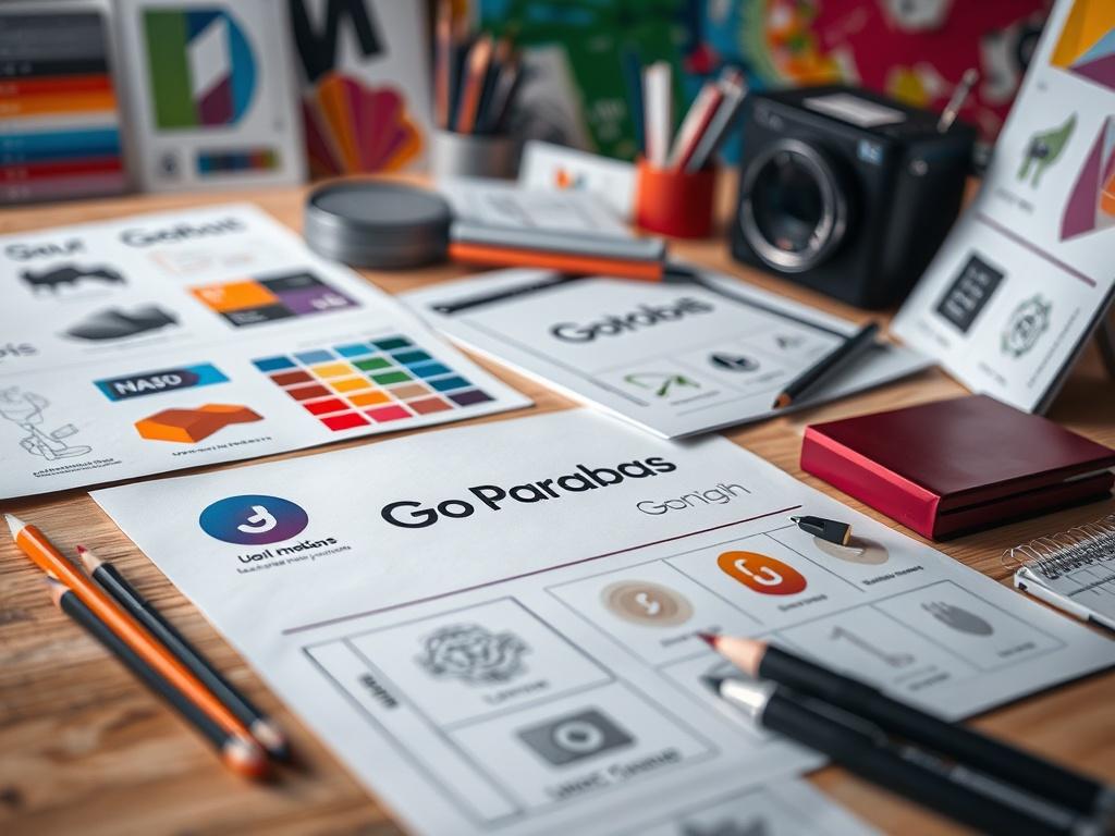 A close up shot of a creative branding workspace, featuring