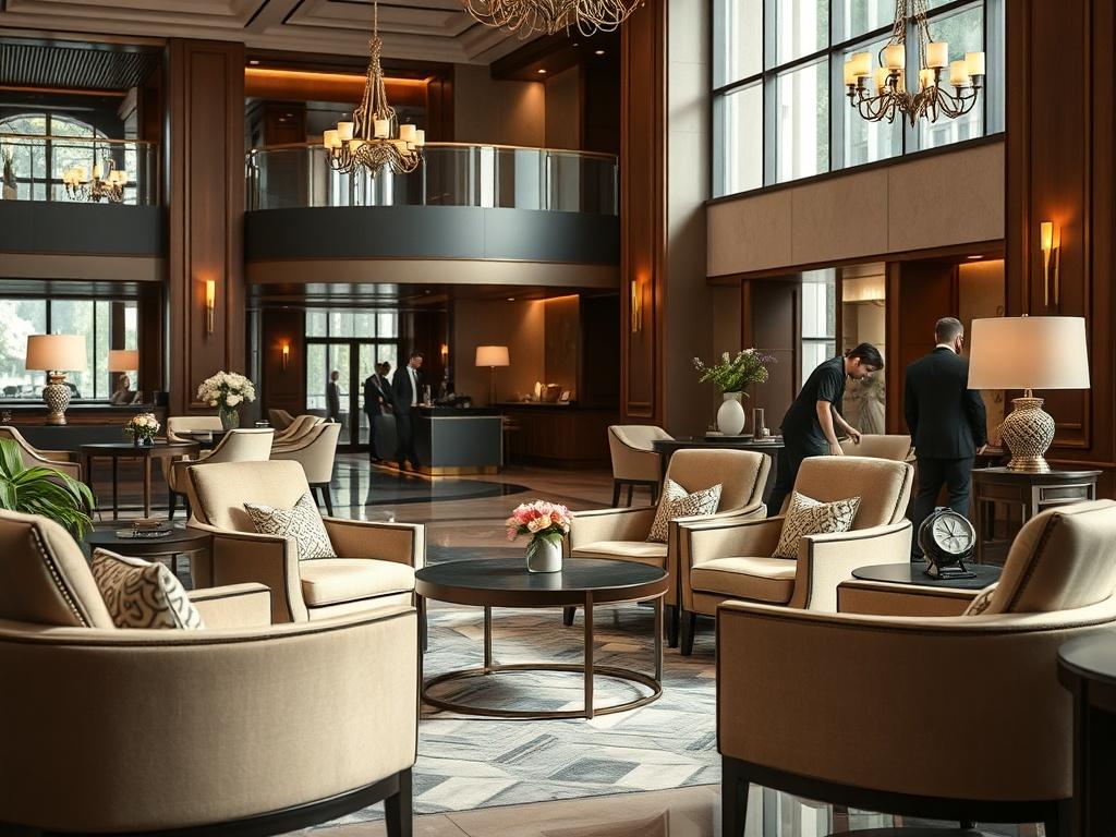 A close up shot of a luxurious hotel lobby, featuring