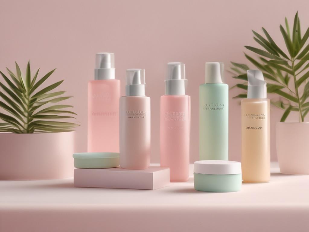 a fashionable beauty product display, soft pastel colors, warm lighting,