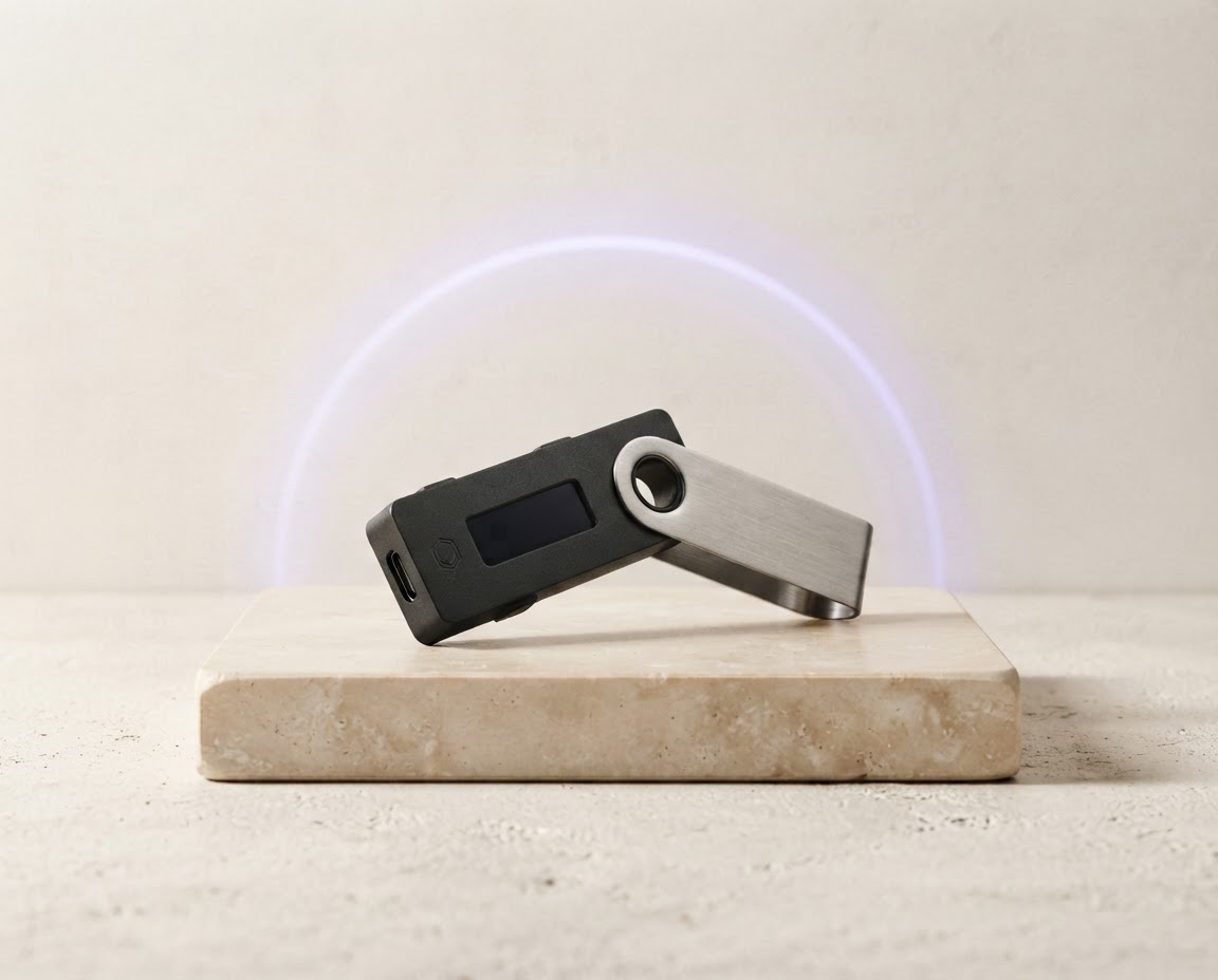 A matte black Ledger hardware wallet displayed on a pale stone plinth