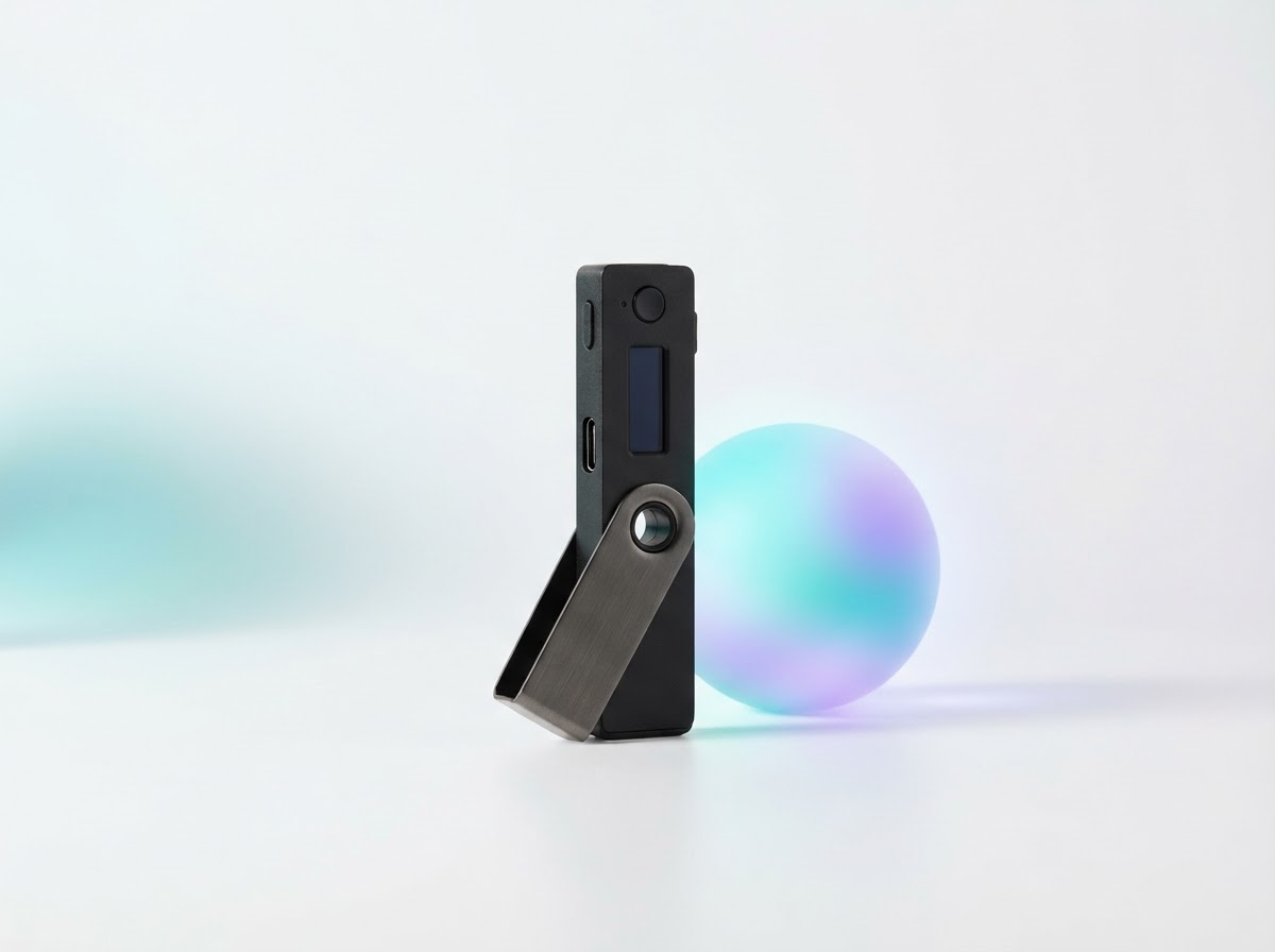 Generic black hardware wallet device displayed upright against a soft cyan and lavender studio background