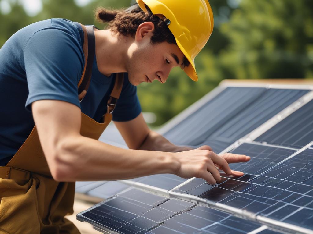 A close-up shot of a young LGBTQI individual engaged in hands-on training for solar panel installation. The subject displays focus and determination while working with tools. The background is a well-lit workshop with solar panels and tools visible, showcasing a supportive learning environment. The image should convey empowerment and skill development, with a vibrant atmosphere compatible with the primary color rgb(69, 10, 186). The composition should be simple and clear, highlighting the subject's activity