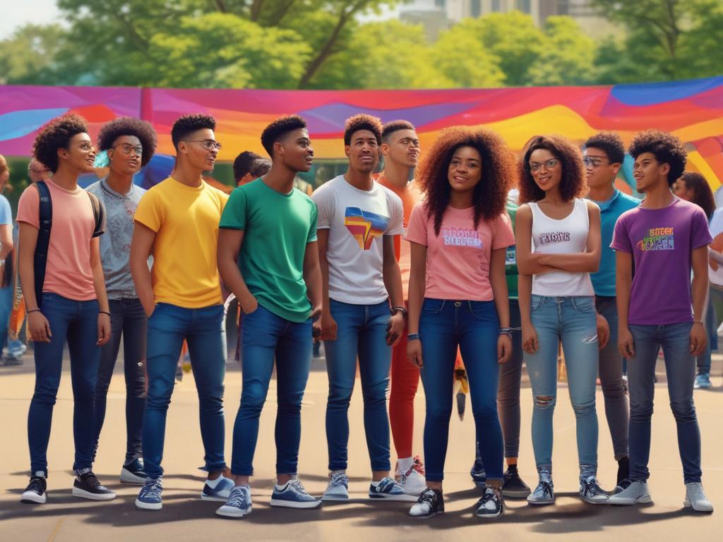 A vibrant scene depicting a diverse group of LGBTQI youths