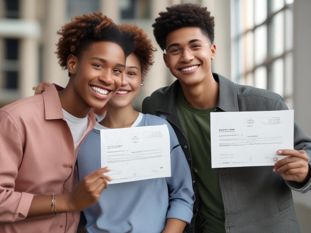 A close-up shot of a diverse group of three young LGBTQI students, aged 15 to 25, smiling confidently while holding their scholarship certificates. The background is a softly blurred outdoor setting, showcasing a sunny day with green trees and a clear blue sky. The focus is on the students’ joyful expressions, capturing their hope and determination. The image should be hyper-realistic and rendered in high resolution, emphasizing the vibrant colors of their clothing, and compatible with a primary color of rg