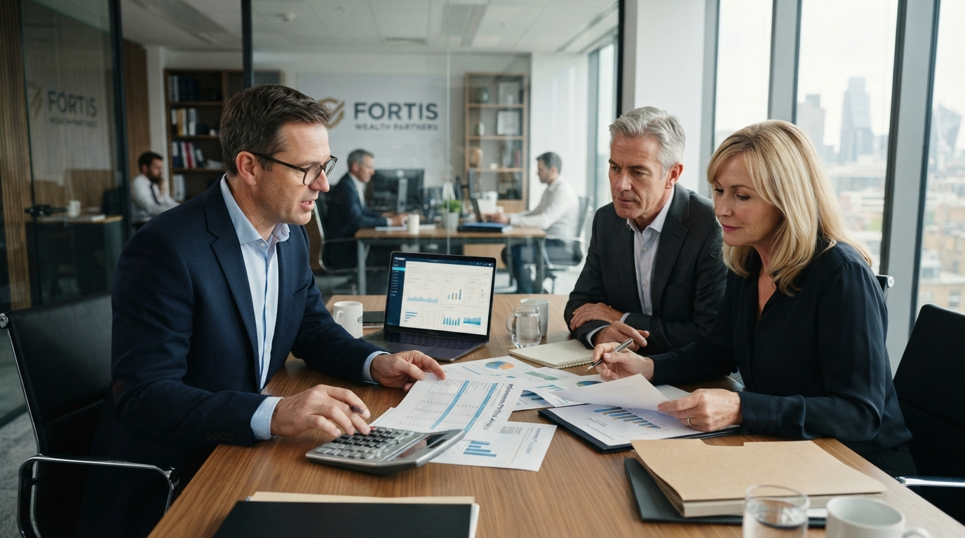 Financial professional reviewing calculations with clients
