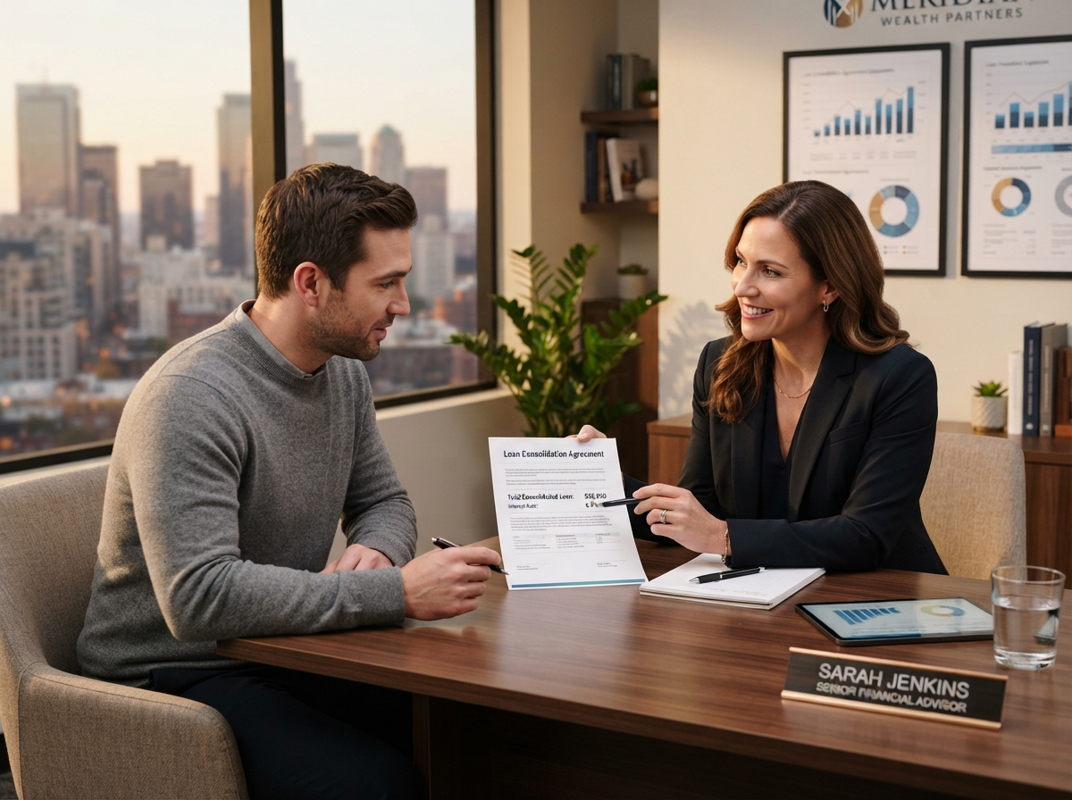 Professional advisor reviewing loan consolidation documents