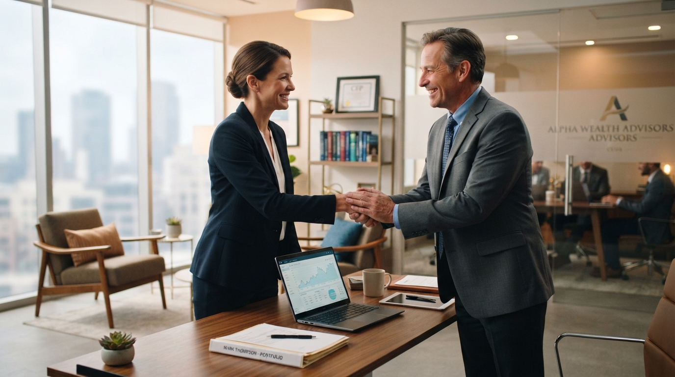 Financial advisor shaking hands with satisfied client