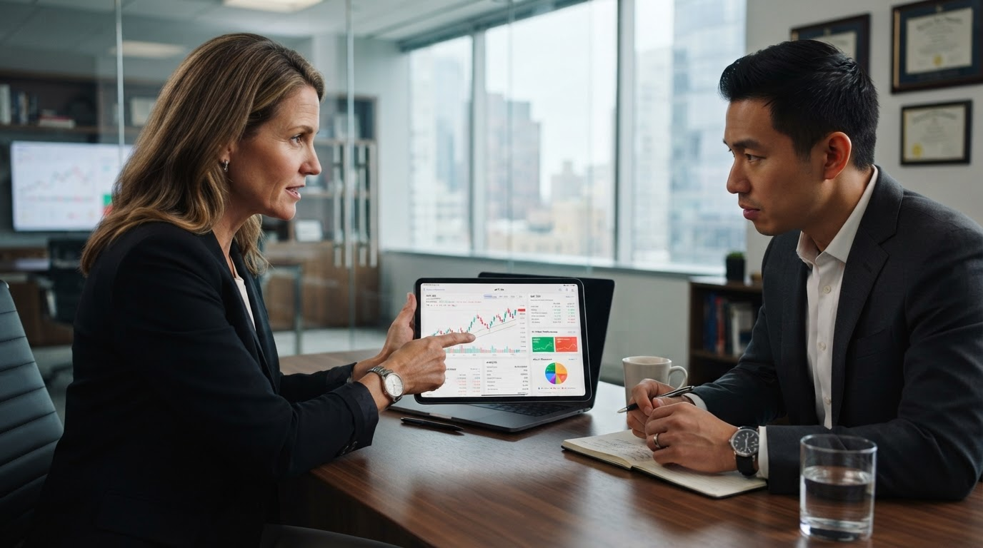 Financial advisor analyzing data with client