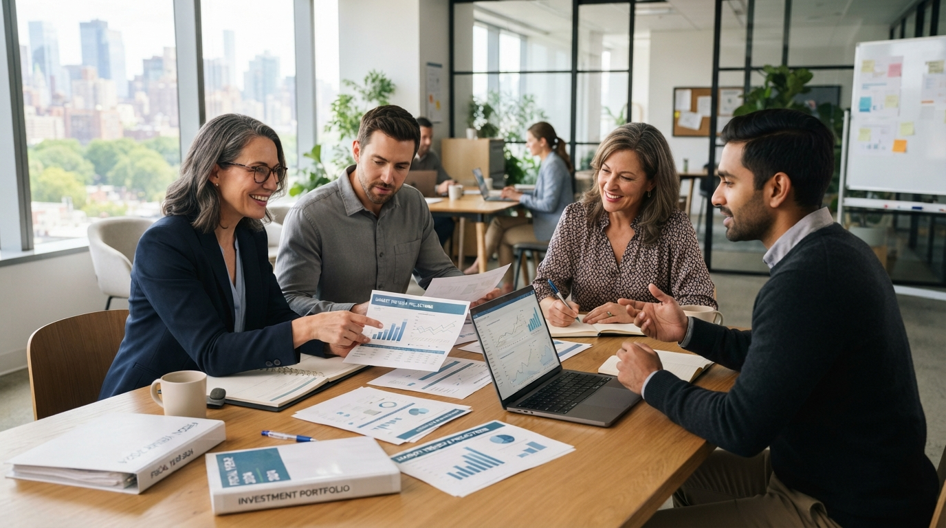Financial professionals studying documents together