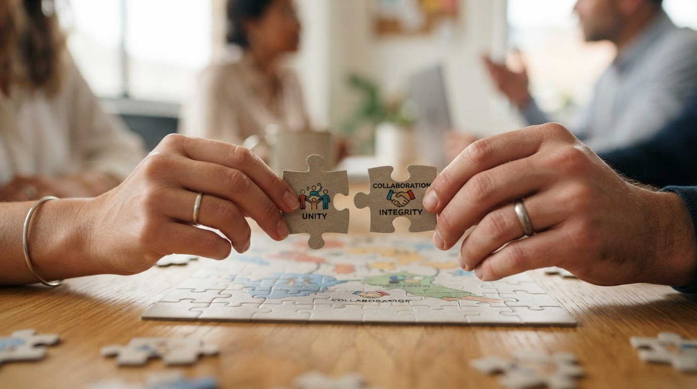 Hands placing puzzle pieces together representing values