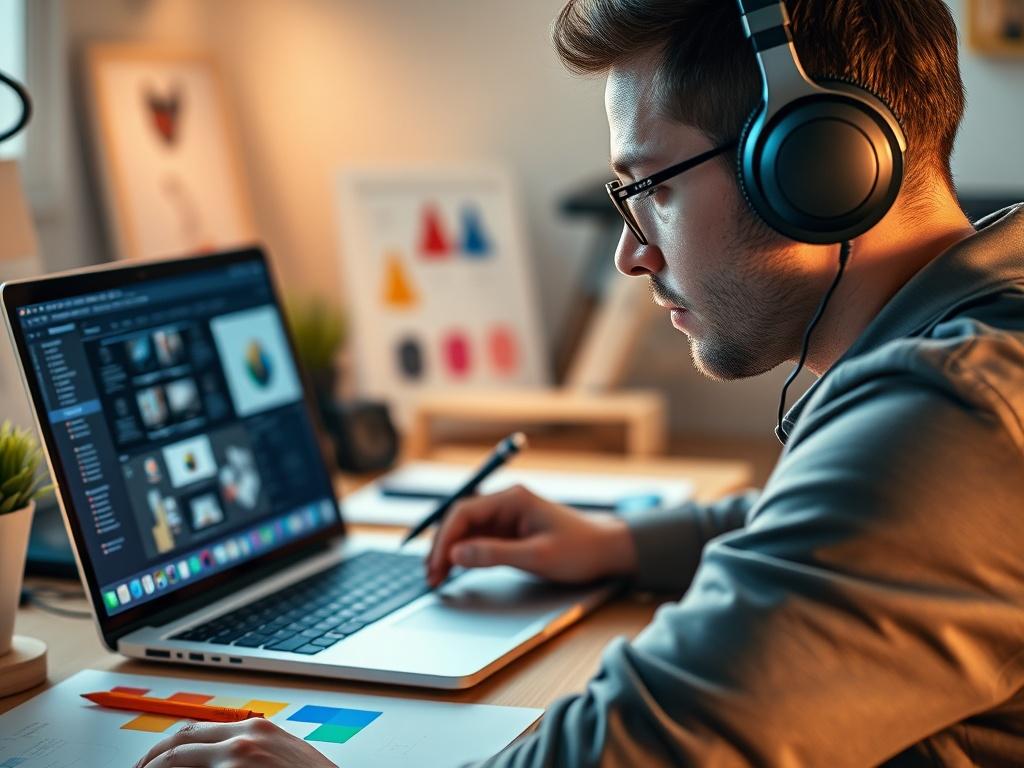 A hyper-realistic close-up shot of a UX/UI designer at work, showcasing a laptop with design software open, surrounded by sketches and color swatches. The designer is focused, wearing headphones, with a warm light illuminating their workspace. The background should be softly blurred to emphasize the subject. The color scheme should incorporate elements of rgb(50, 170, 39) to enhance the creative atmosphere.