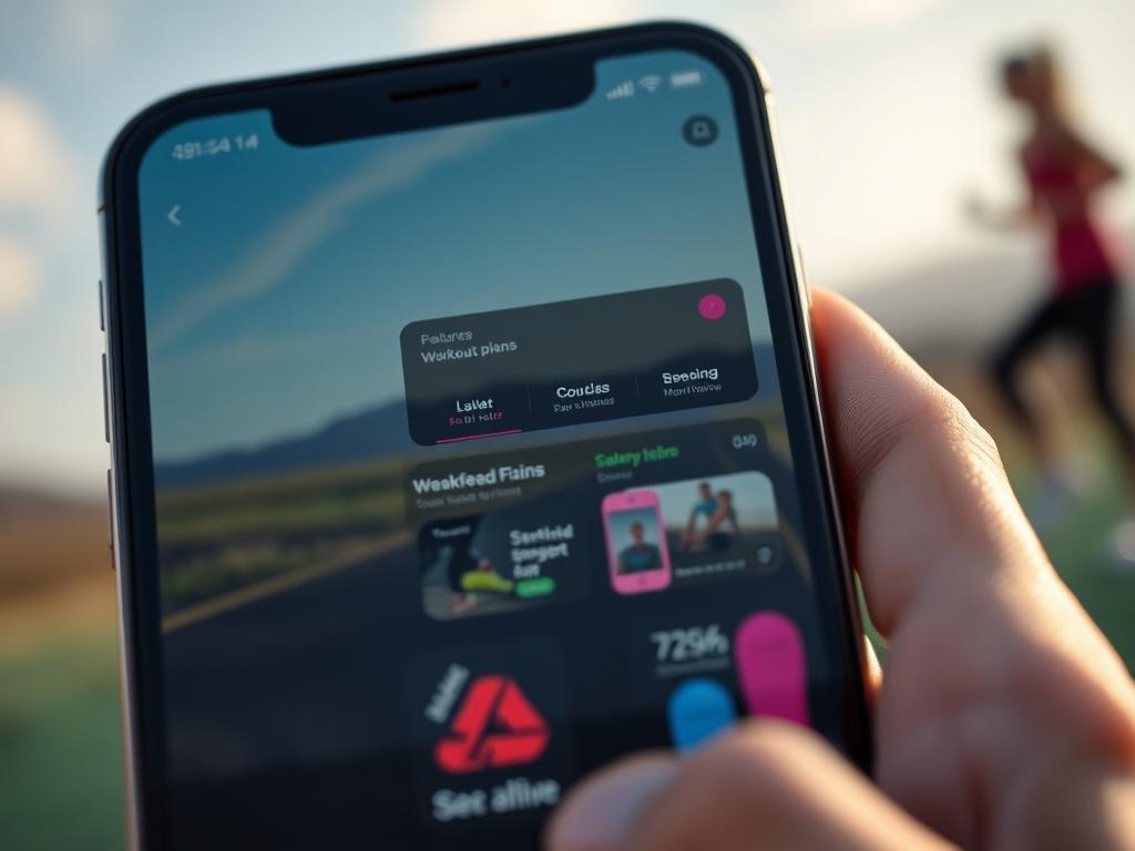 A hyper-realistic close-up of a mobile fitness app interface displayed on a smartphone, with a background of outdoor workout scenery. The app should show engaging features like workout plans and social sharing, designed with modern aesthetics. The primary color of rgb(50, 170, 39) should be incorporated into the design elements.