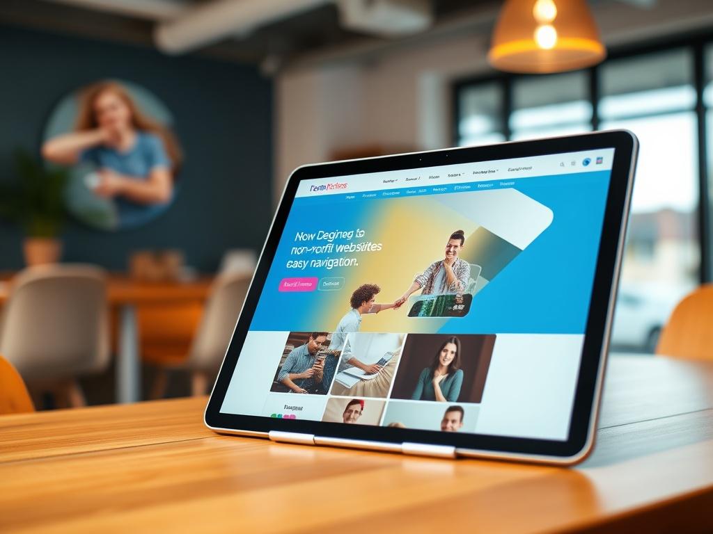 A close-up shot of a newly designed non-profit website on a tablet, emphasizing vibrant visuals and easy navigation. The background should be a warm, inviting office space, reflecting a welcoming atmosphere. The design should incorporate the primary color of rgb(50, 170, 39) to enhance visual appeal.