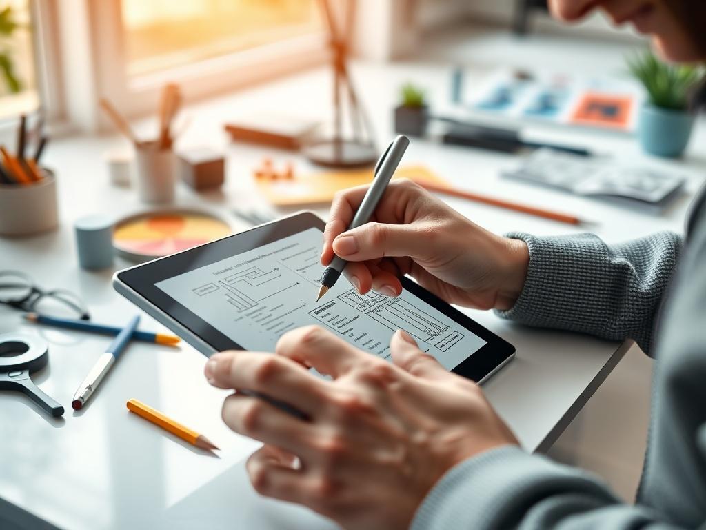 A close-up shot of a designer's hands on a tablet, sketching out user interface designs. The background showcases a bright, modern workspace with design tools scattered around. The image should have a hyper-realistic style, using a 45mm f/1.2 lens to highlight the details of the tablet and the designer's focused expression. The primary color should be rgb(50, 170, 39), adding a vibrant touch to the scene.