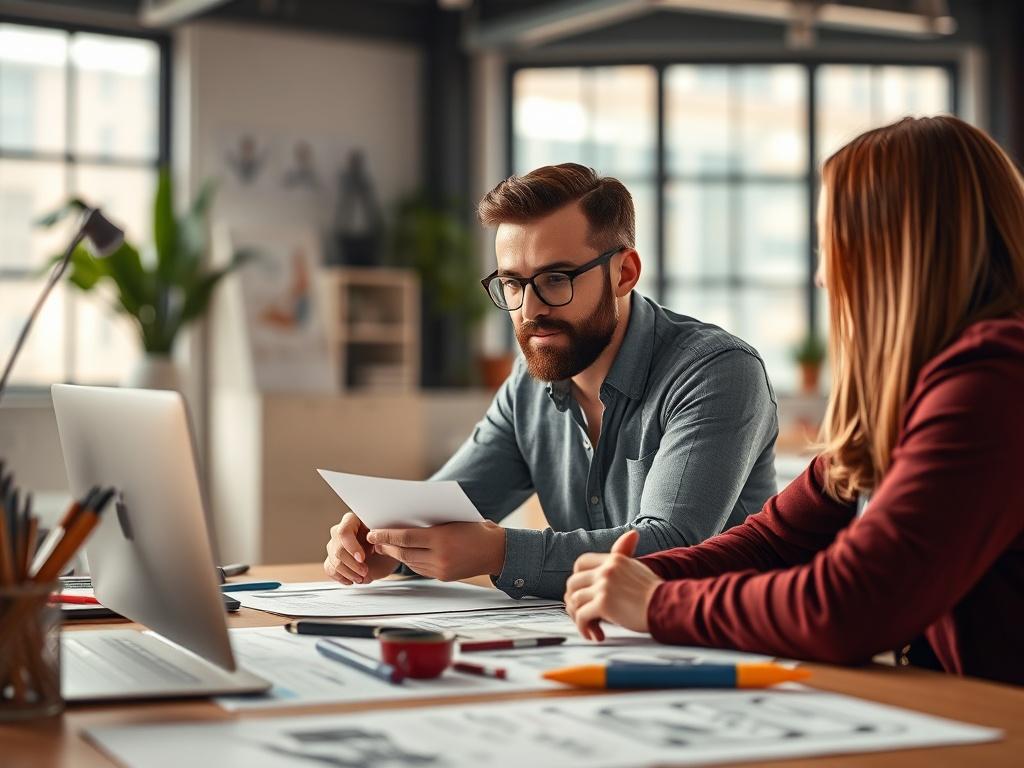 A close-up shot of a designer engaged in a consultation with a client, surrounded by sketches and design tools on a table. The background features a bright, inviting office space that encourages creativity. The image should be hyper-realistic, taken with a 45mm f/1.2 lens, focusing on the interaction between the designer and client. The primary color should be rgb(50, 170, 39), enhancing the warm atmosphere of collaboration.