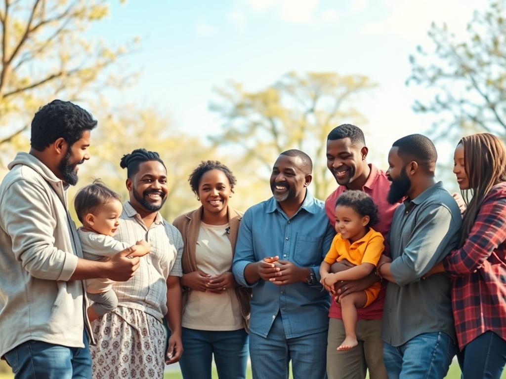 A high-resolution image of a supportive community gathering in a bright and inviting environment. The scene captures a group of single fathers engaging with their children, showcasing joyful interactions and bonds. The background features soft blues and whites with elements of nature, like trees and a park setting, to evoke a sense of hope and togetherness. The atmosphere is warm and welcoming, highlighting the theme of empowerment and community support.