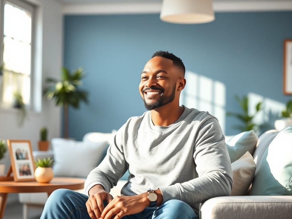 **Prompt for AI Image Generator:**

Create a realistic, high-resolution photo of a single father in a well-lit, inviting environment that reflects empowerment and community support. The composition should be simple and clear, featuring only one subject: a confident, smiling man in his mid-30s seated in a comfortable, modern living room. He should be casually dressed, radiating warmth and approachability, with a thoughtful expression that conveys strength and determination.

In the background, include soft b